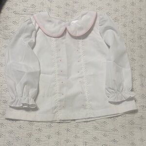 White Girls' Long-Sleeve Blouse with Pink-Trim Peter Pan Collar